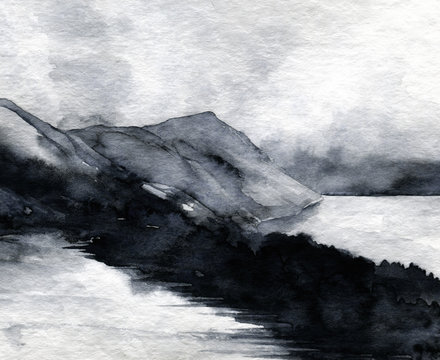 Watercolour sketch: mountains, sky and sea