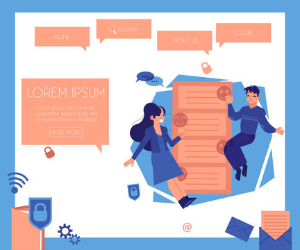 Young cheerful man, woman in casual clothing flying in blue cloud with chat clouds and space text. Accessibility of information concept. Happy people reading and chatting, surfing the net Vector