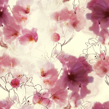 blossom cherry (sakura) flowers mix repeat seamless pattern. watercolour and digital picture. mixed media artwork. endless