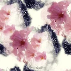 Behangcirkel blossom cherry (sakura) flowers mix repeat seamless pattern. watercolour and digital picture. mixed media artwork. endless © Liia Chevnenko