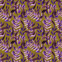 Seamless Realistic Watercolor Greenery Pattern. Hand Drawn Leaves and Branches Print. Summer, Spring Forest Herbs, Plants Texture. Foliage in Vintage Style. Nature Eco Friendly Concept. Textile.