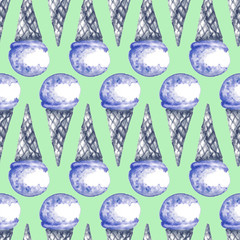 Seamless ice-cream pattern. Watercolor hand drawn summer beach print in unusual colors with ice lolly , Ice cream in a waffle cup. Childish baby background. Food print. Fabric, paper, cover, web