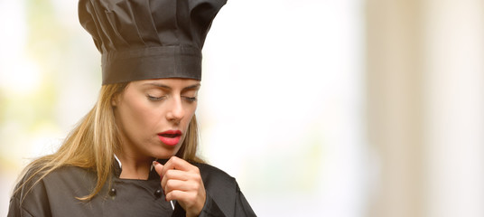Young cook woman sick and coughing, suffering asthma or bronchitis, medicine concept
