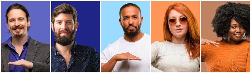 Group of cool people, woman and man holding something, size concept