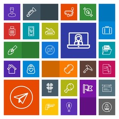 Modern, simple, colorful vector icon set with paper, luggage, security, office, internet, technology, snack, file, document, equipment, shovel, beacon, message, sea, video, lock, email, folder icons