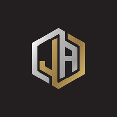 Obraz premium Initial letter JA, looping line, hexagon shape logo, silver gold color on black background