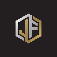 Initial letter JF, looping line, hexagon shape logo, silver gold color on black background