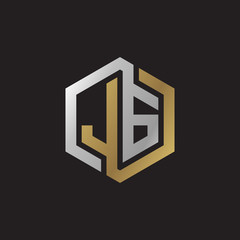 Initial letter JG, looping line, hexagon shape logo, silver gold color on black background