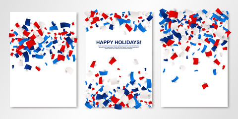 Happy Holidays banners set. Festive greeting cards with scattered papers in traditional American colors - red, white, blue. All isolated and layered