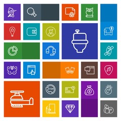 Modern, simple, colorful vector icon set with bowling, oar, cash, toilet, service, microphone, business, pie, restroom, bathroom, grill, help, helicopter, flipper, underwater, air, support, meat icons