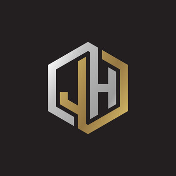 Initial letter JH, looping line, hexagon shape logo, silver gold color on black background