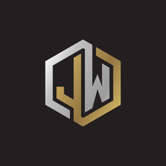 Initial letter JW, looping line, hexagon shape logo, silver gold color on black background