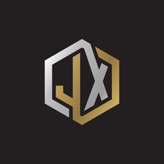 Initial letter JX, looping line, hexagon shape logo, silver gold color on black background
