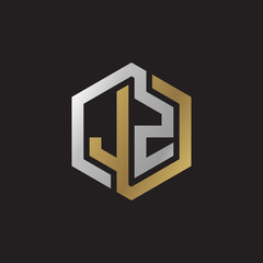 Initial letter JZ, looping line, hexagon shape logo, silver gold color on black background