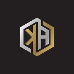 Initial letter KA, looping line, hexagon shape logo, silver gold color on black background