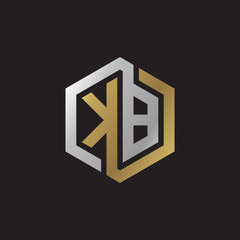 Initial letter KB, looping line, hexagon shape logo, silver gold color on black background