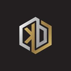 Initial letter KD, KO, looping line, hexagon shape logo, silver gold color on black background