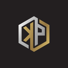 Initial letter KP, looping line, hexagon shape logo, silver gold color on black background