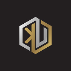 Initial letter KU, looping line, hexagon shape logo, silver gold color on black background