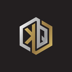 Initial letter KQ, looping line, hexagon shape logo, silver gold color on black background