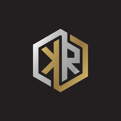 Initial letter KR, looping line, hexagon shape logo, silver gold color on black background