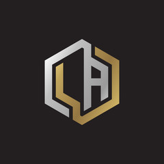 Initial letter LA, looping line, hexagon shape logo, silver gold color on black background