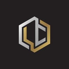 Initial letter LC, looping line, hexagon shape logo, silver gold color on black background