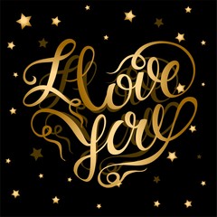 I love you. Valentine. Gold lettering in the shape of a heart. Starry background.Holiday card. Lettering. Vector.