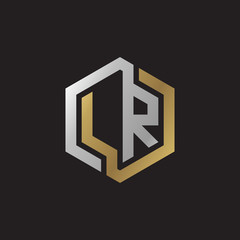 Initial letter LR, looping line, hexagon shape logo, silver gold color on black background