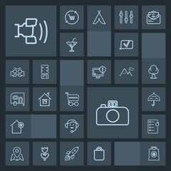 Modern, simple, dark vector icon set with sale, apartment, people, headset, call, travel, communication, center, white, fashion, mobile, estate, bag, technology, camera, home, celebration, pin icons