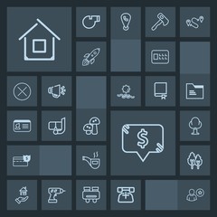 Modern, simple, dark vector icon set with food, profile, identity, money, rent, call, vintage, property, tree, mask, water, online, environment, phone, price, communication, bank, snorkel, house icons