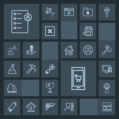 Modern, simple, dark vector icon set with pen, card, modern, spatula, tree, online, phone, personal, leather, curtain, air, task, backpack, plan, pencil, document, shopping, destruction, glass icons