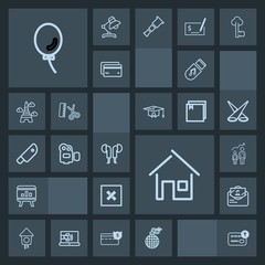 Modern, simple, dark vector icon set with audio, power, music, birdhouse, camera, handle, sound, envelope, personal, development, finance, business, equipment, storage, estate, closed, headset icons