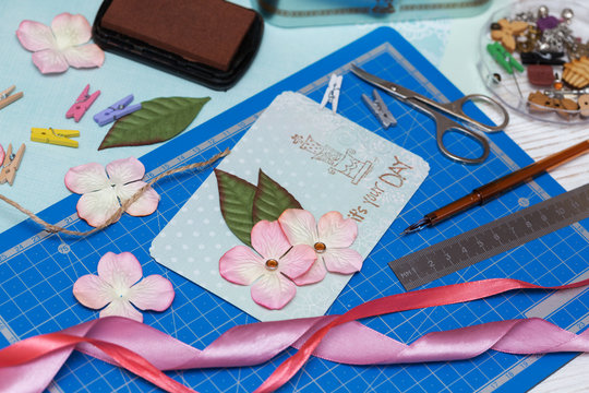 scrapbook - process of creating a postcard
