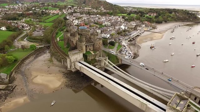 Aerial view of the historic town of Conwy with it's medieval castle - Wales - United Kingdom