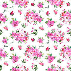 Seamless floral background. Fabric floral pattern. Textile pattern template. 
Pink flowers. Watercolor floral background. Wedding invitation design.