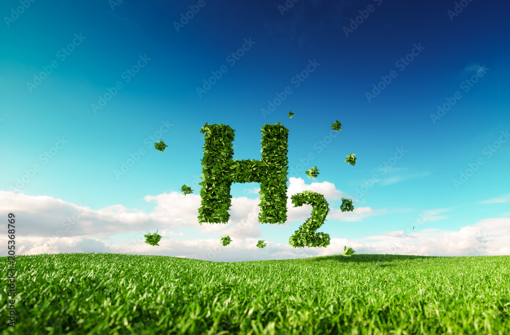 Wall mural Eco friendly clean hydrogen energy concept. 3d rendering of hydrogen icon on fresh spring meadow with blue sky in background.