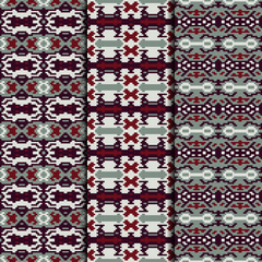 Set of 3 seamless patterns tribal design. Ethnic textile prints. Vector fashion backgrounds.