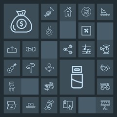 Modern, simple, dark vector icon set with instrument, drum, car, money, business, computer, direction, interior, chair, trash, waste, travel, book, road, home, usb, dumper, music, trumpet, dump icons