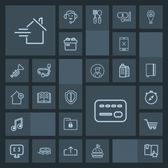 Modern, simple, dark vector icon set with music, credit, folder, book, tomato, retail, shop, bank, shield, property, sound, bread, pc, direction, open, trolley, lunch, balance, rent, coaxial icons