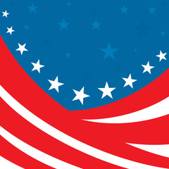 An abstract american patriotic illustration of numerous red stripes and white and blue stars on a blue background