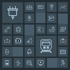Modern, simple, dark vector icon set with sign, electric, office, restroom, railway, plug, transportation, education, aluminum, technology, container, navigation, alarm, road, travel, bell, key icons