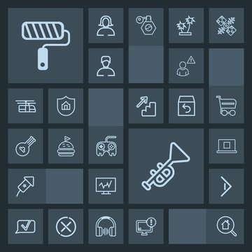 Modern, simple, dark vector icon set with lunch, button, jazz, profile, desktop, monitor, roller, bread, paint, brush, warning, computer, network, right, tomato, event, diagnostic, doctor, bugle icons