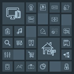 Modern, simple, dark vector icon set with employer, pitch, flight, vision, football, equality, home, aircraft, job, property, trolley, rent, estate, dump, tipper, optical, equipment, diskette icons