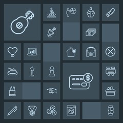 Modern, simple, dark vector icon set with bank, cash, university, box, pencil, guitar, musical, time, public, game, hand, credit, glasses, music, chessboard, strategy, minute, stationery, clock icons