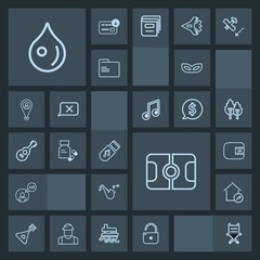 Modern, simple, dark vector icon set with security, finance, pitch, home, furniture, house, musical, armchair, protection, increase, jazz, masquerade, folk, party, freelance, bugle, instrument icons