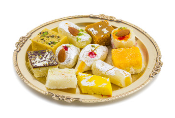 Indian Delicious Mix Sweet Food or Mix Mithai isolated on White Background