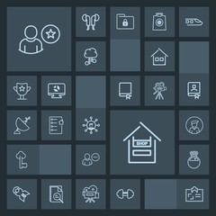 Modern, simple, dark vector icon set with sign, technology, bomb, food, building, online, user, laboratory, id, metal, weapon, male, screen, customer, war, falling, gym, business, workout, old icons