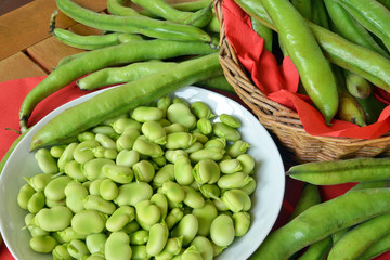 fave fresche ,sbucciate dentro ad un piatto, a fianco le fave con la buccia