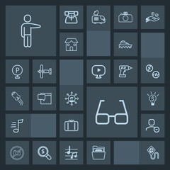 Modern, simple, dark vector icon set with ship, airport, musical, file, bag, fun, screen, business, forbidden, tune, concept, music, user, communication, delete, water, office, eyeglasses, boat icons